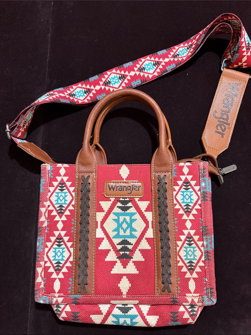 Wrangler Red Aztec Crossbody Tote with Brown Leather Trim